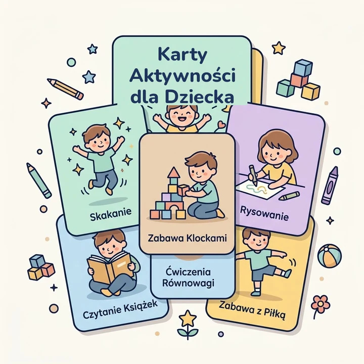 Zestaw kart aktywności: skakanie, zabawa klockami, rysowanie, czytanie książek, ćwiczenia równowagi, zabawa z piłką
