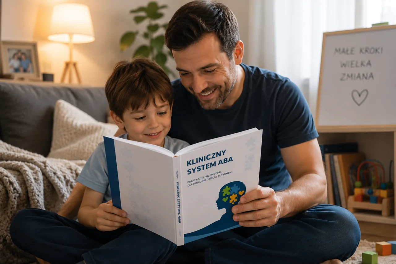 Tata i syn korzystający z przewodnika w domu